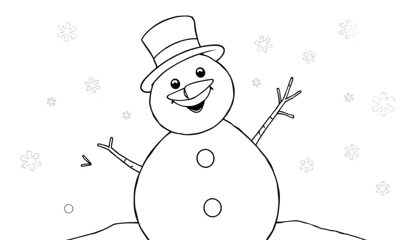A cheerful black and white snowman coloring panel with a carrot nose and a top hat.