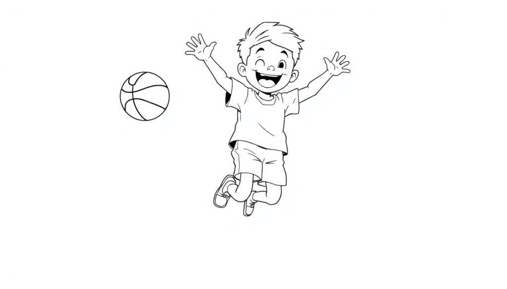 A happy boy jumping with a basketball, a black and white color panel for kids.