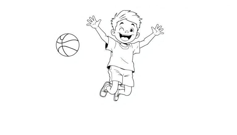 A happy boy jumping with a basketball, a black and white color panel for kids.