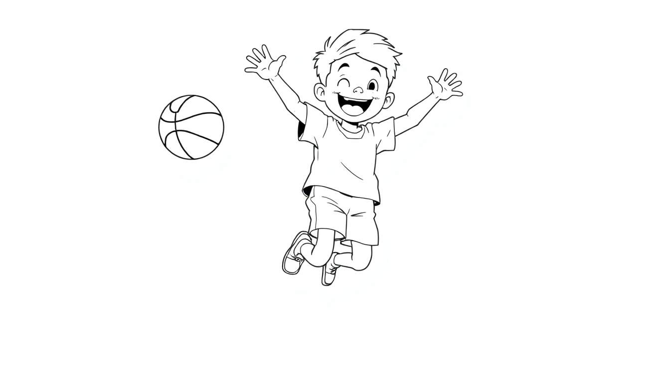 A happy boy jumping with a basketball, a black and white color panel for kids.