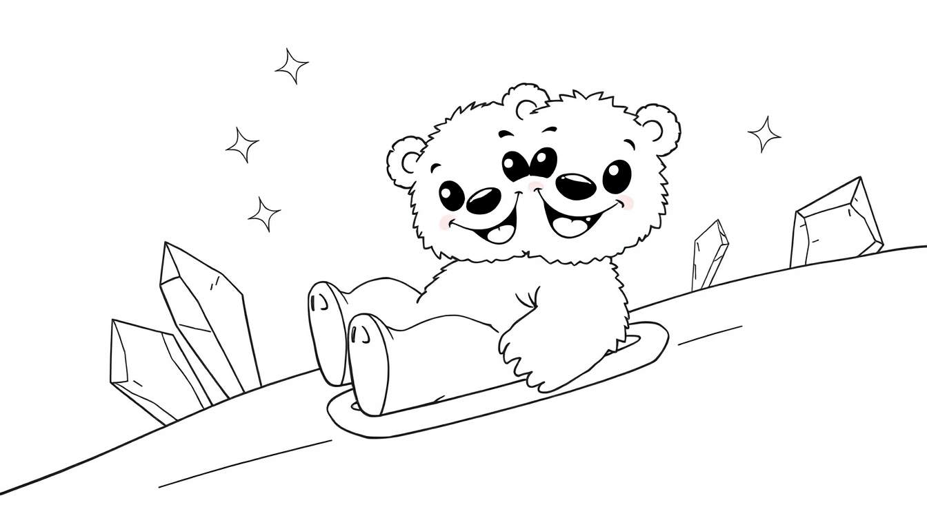 Two conjoined polar bear cubs joyfully sledding down a snowy hill, in a black and white color panel illustration.