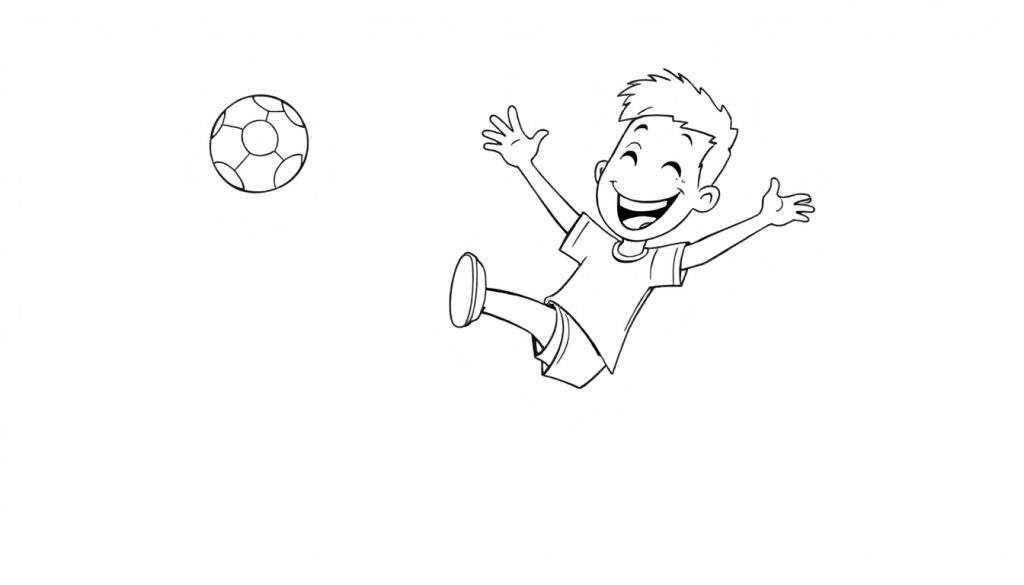 A black and white cartoon of a happy boy jumping in the air with a soccer ball nearby, a ready-to-color sports illustration color panel.