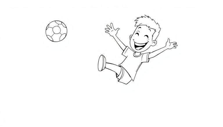 A black and white cartoon of a happy boy jumping in the air with a soccer ball nearby, a ready-to-color sports illustration color panel.