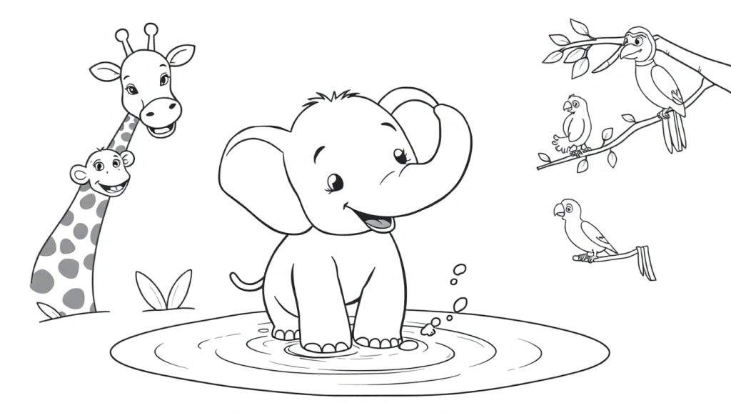 A black and white coloring panel of a baby elephant splashing in water, with giraffes and birds nearby.