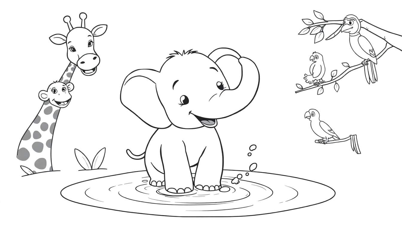 A black and white coloring panel of a baby elephant splashing in water, with giraffes and birds nearby.