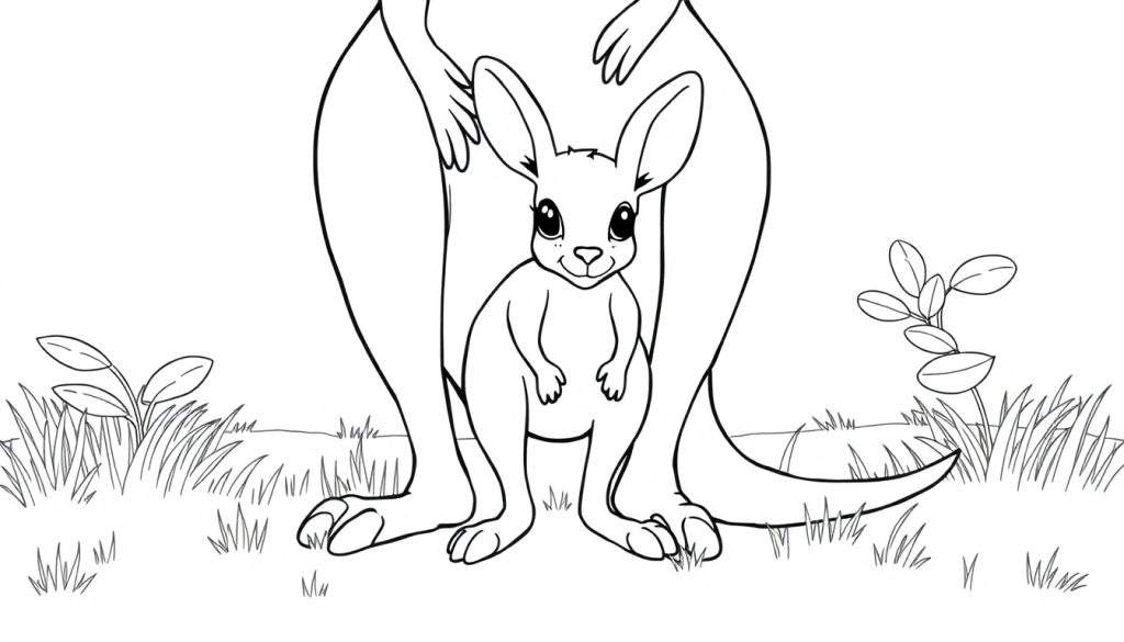 Black and white cartoon kangaroo with joey in pouch, ready for a coloring panel adventure.