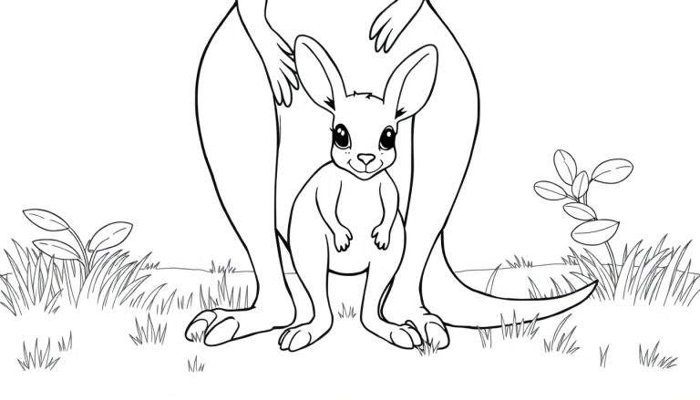 Black and white cartoon kangaroo with joey in pouch, ready for a coloring panel adventure.