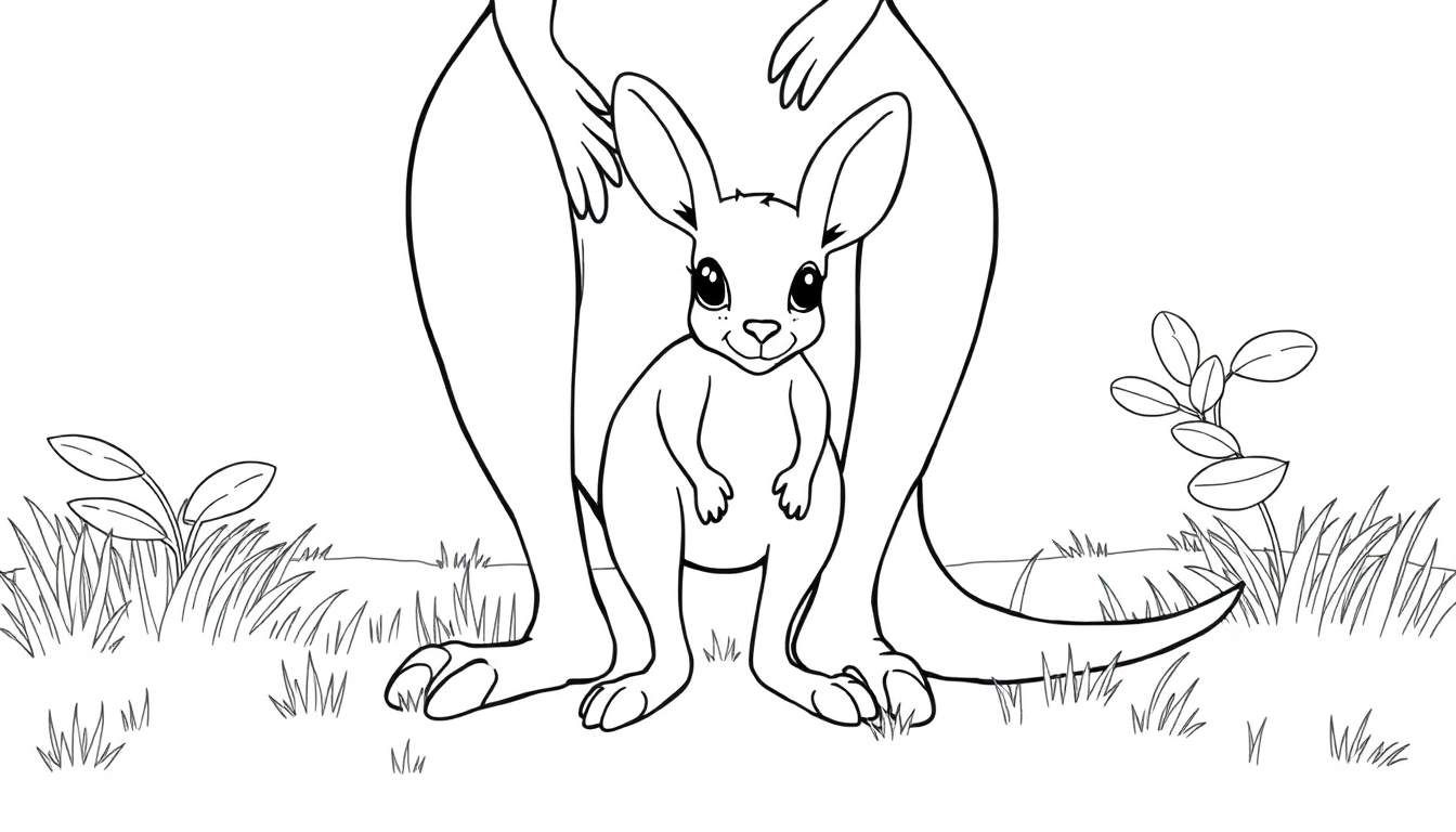 Black and white cartoon kangaroo with joey in pouch, ready for a coloring panel adventure.