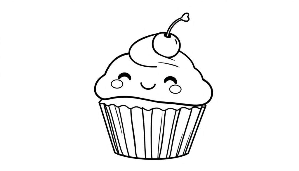 Cute cupcake coloring panel with a happy face and a cherry.
