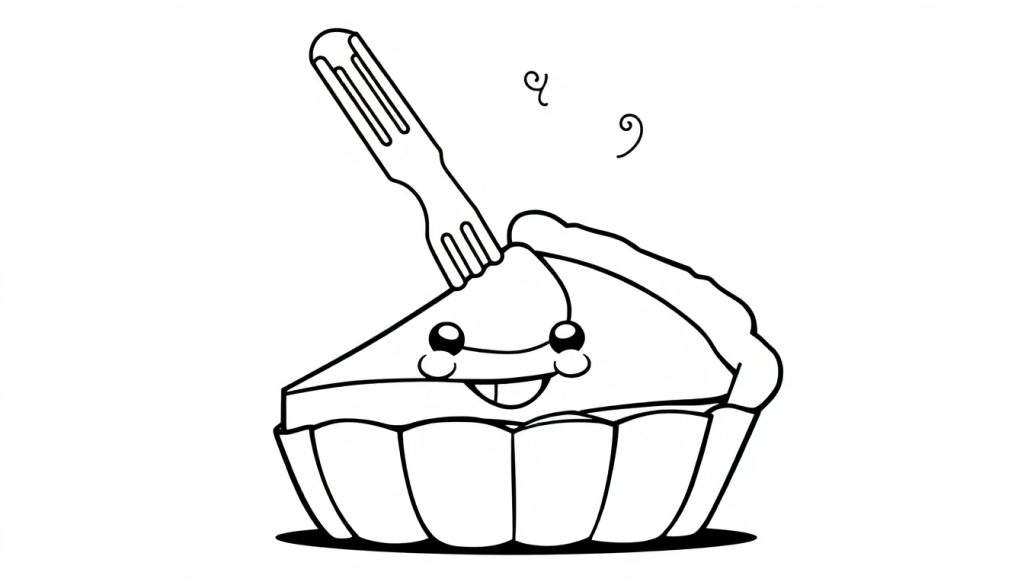 A kawaii pie slice with a face and a fork, ready for coloring on this color panel.