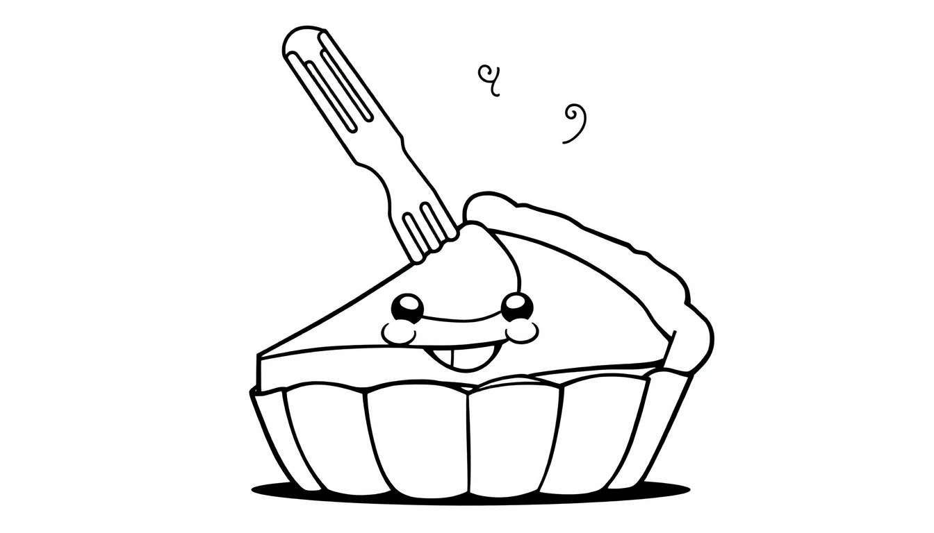 A kawaii pie slice with a face and a fork, ready for coloring on this color panel.