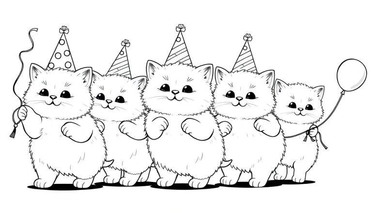 A black and white color panel illustration of five fluffy kittens in party hats, celebrating with balloons.