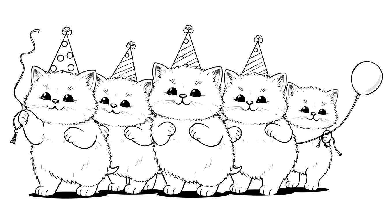 A black and white color panel illustration of five fluffy kittens in party hats, celebrating with balloons.