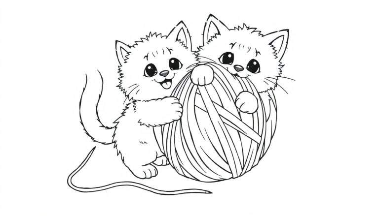 A cute kitten playing with yarn, black and white coloring panel.