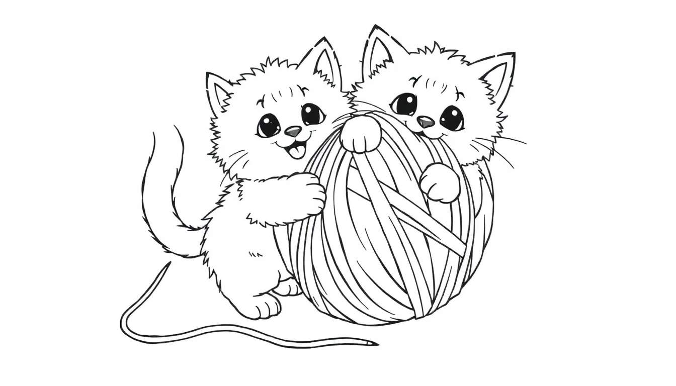 A cute kitten playing with yarn, black and white coloring panel.