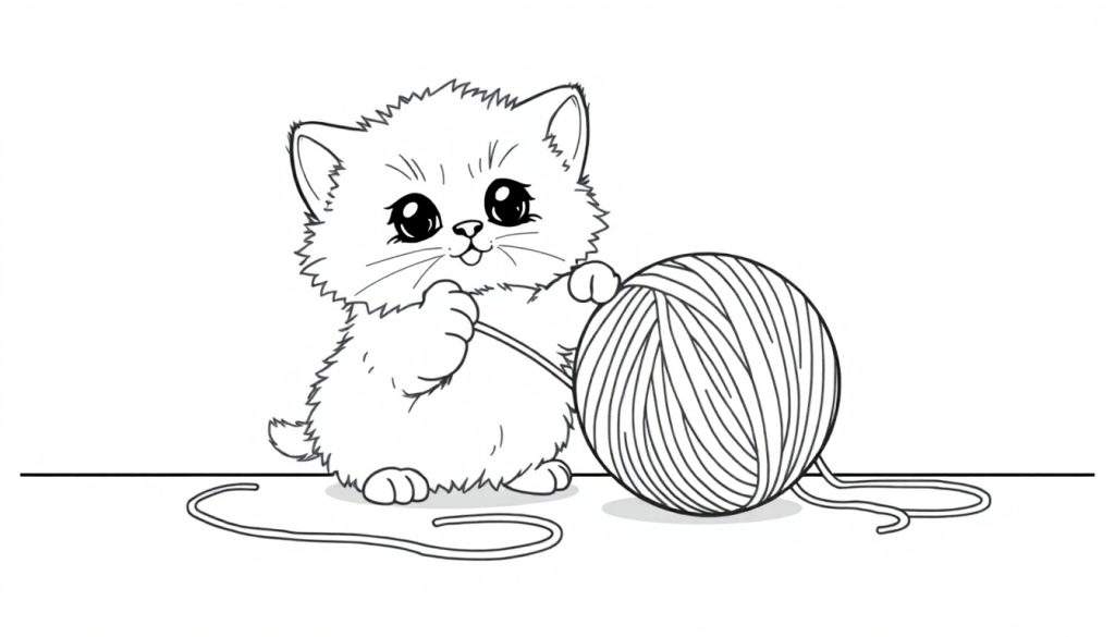 A cute black and white cartoon kitten pawing at a ball of yarn, ready for a coloring panel adventure.
