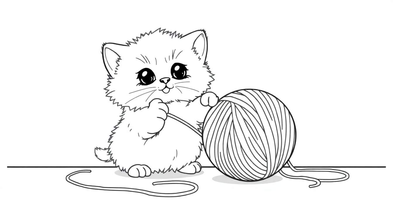 A cute black and white cartoon kitten pawing at a ball of yarn, ready for a coloring panel adventure.