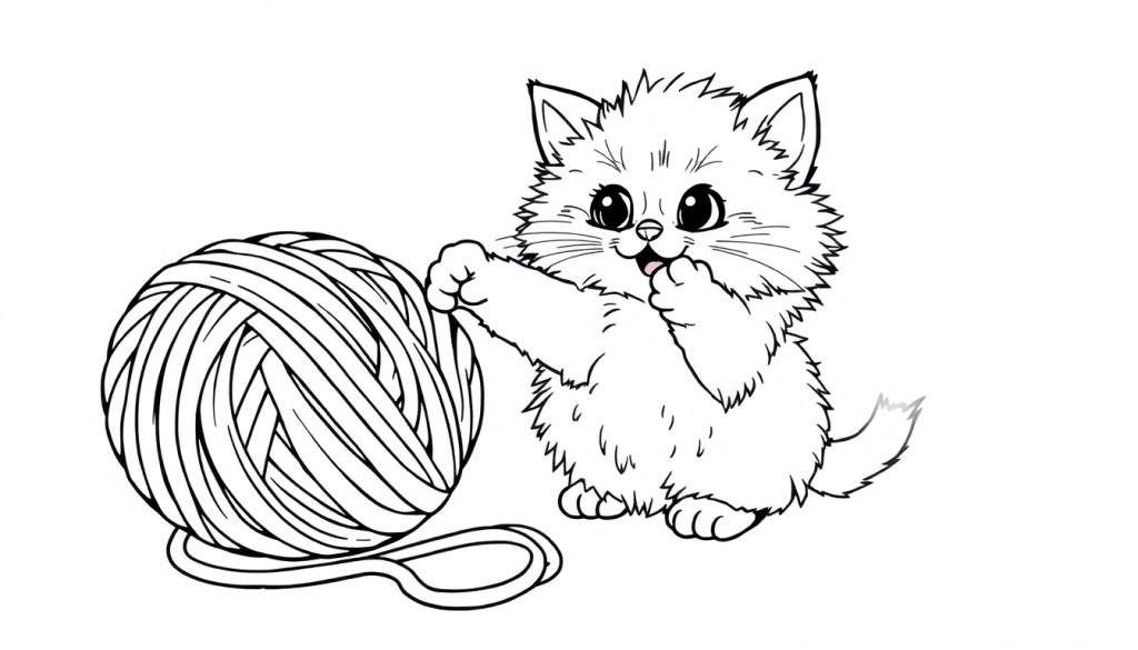 A fluffy kitten is about to pounce on a ball of yarn, designed as a black and white color panel for kids.