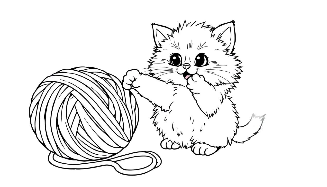 A fluffy kitten is about to pounce on a ball of yarn, designed as a black and white color panel for kids.