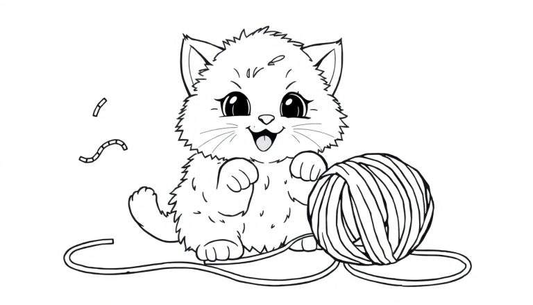 A cute kitten playing with yarn, a black and white coloring panel.