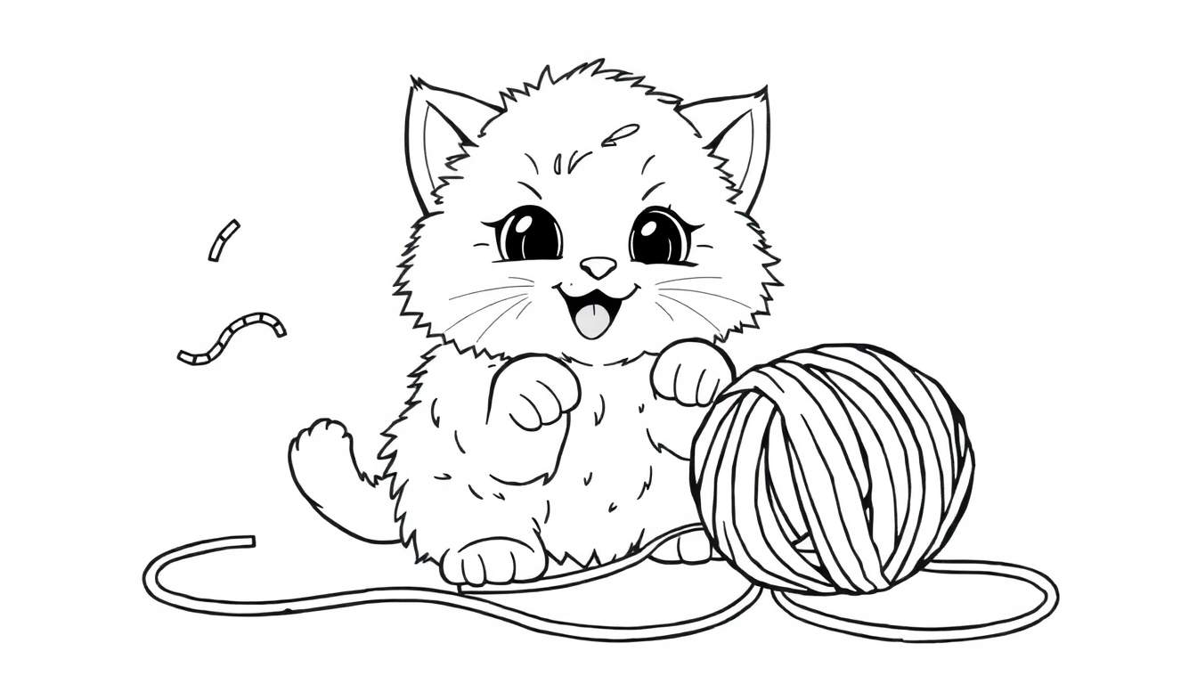 A cute kitten playing with yarn, a black and white coloring panel.
