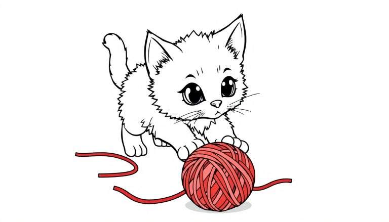 Outline drawing of a cute kitten playing with a ball of yarn, ready for a color panel.