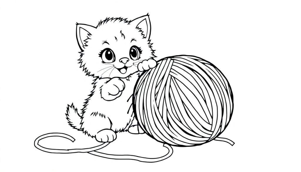 A fluffy kitten playing with a ball of yarn, ready for coloring in this color panel.