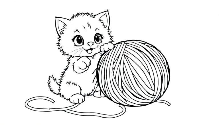 A fluffy kitten playing with a ball of yarn, ready for coloring in this color panel.