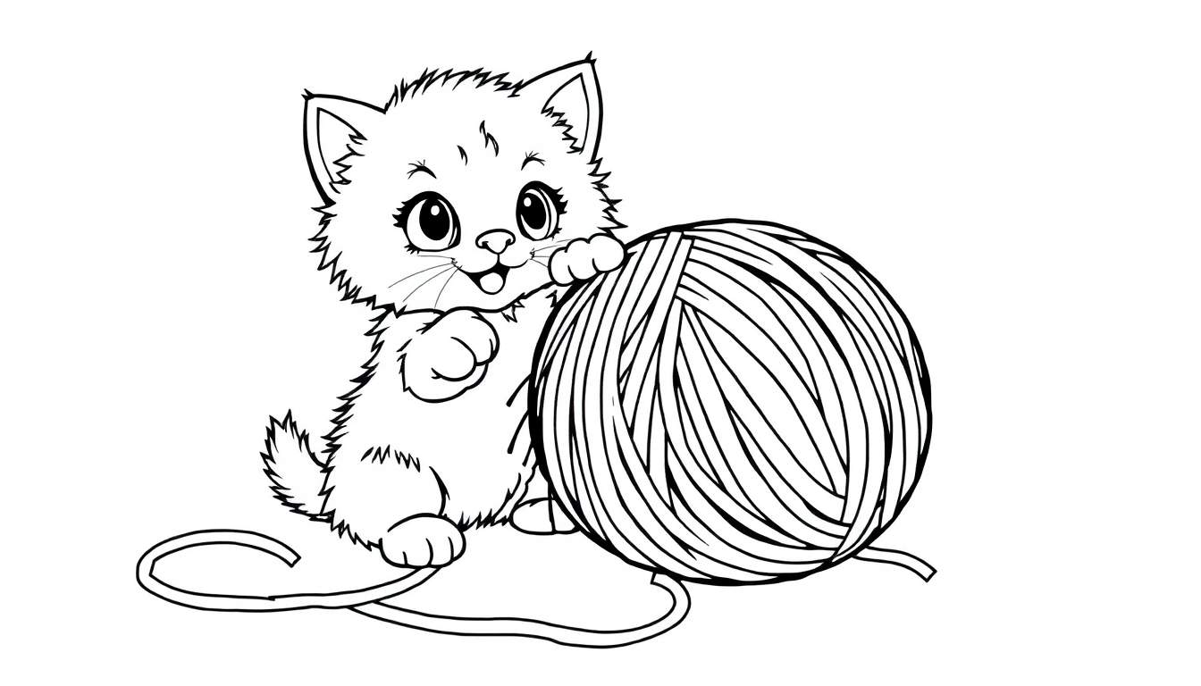 A fluffy kitten playing with a ball of yarn, ready for coloring in this color panel.
