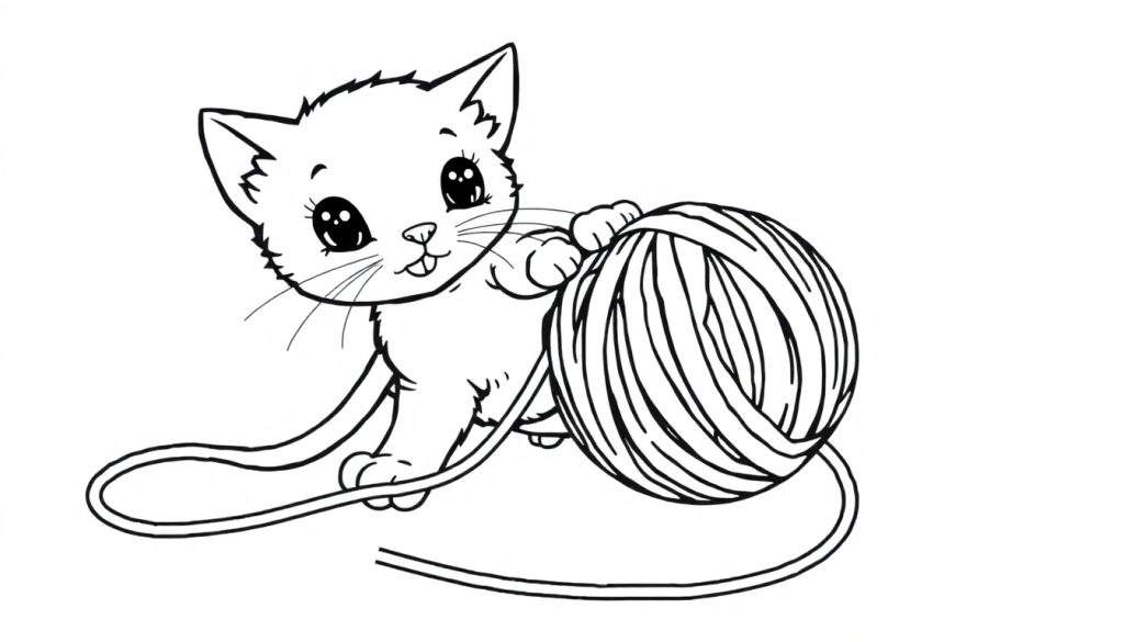 A cute cartoon kitten, ready for a color panel, playfully batting at a large ball of yarn.