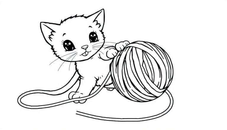 A cute cartoon kitten, ready for a color panel, playfully batting at a large ball of yarn.