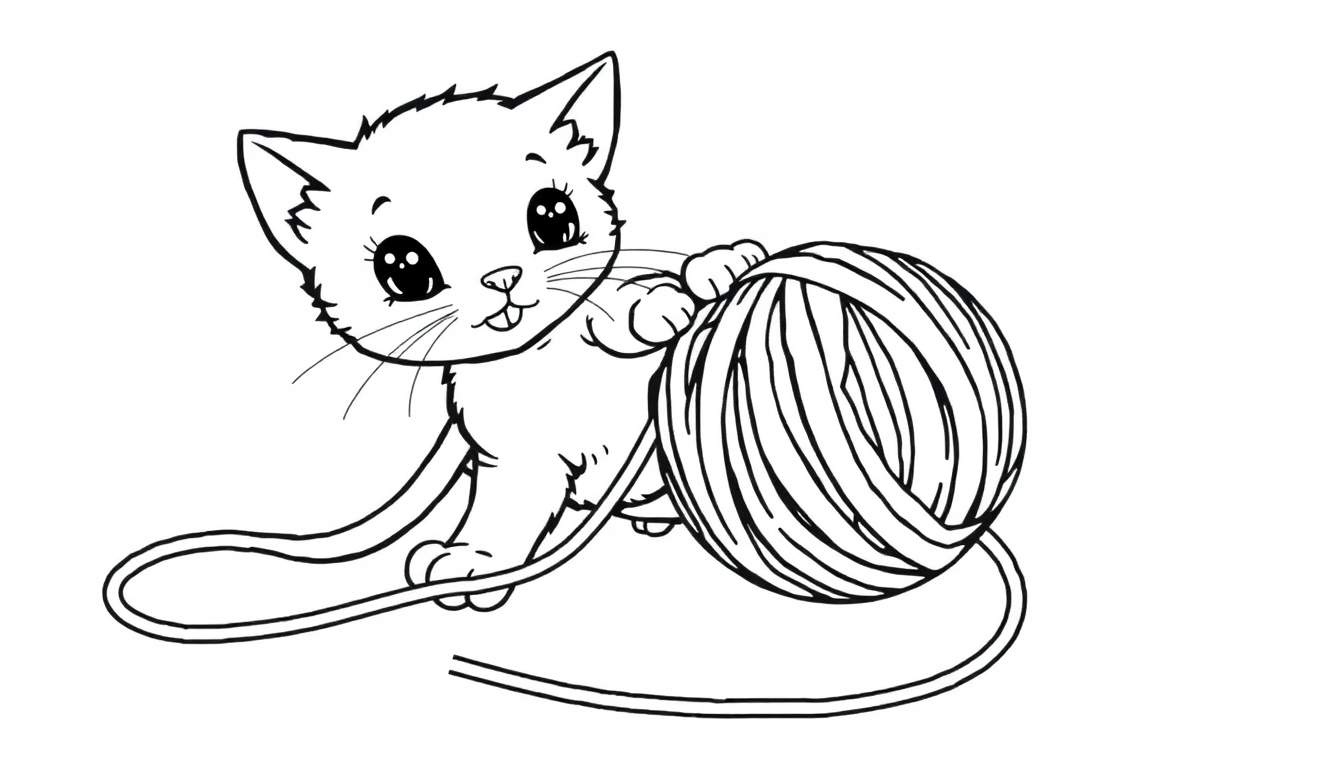 A cute cartoon kitten, ready for a color panel, playfully batting at a large ball of yarn.