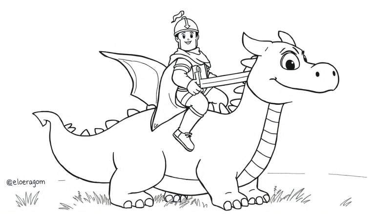 A cartoon knight with a sword and helmet on a dragon, a black and white color panel for kids.