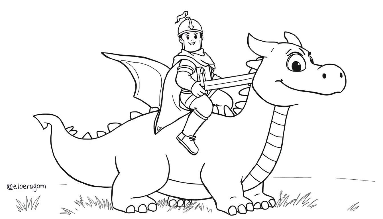 A cartoon knight with a sword and helmet on a dragon, a black and white color panel for kids.
