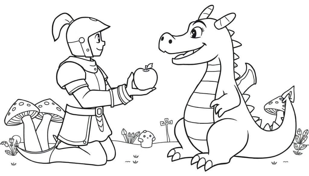 Knight offering an apple to a dragon in a coloring page, part of a color panel.