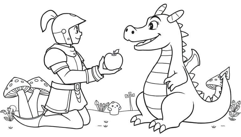 Knight offering an apple to a dragon in a coloring page, part of a color panel.