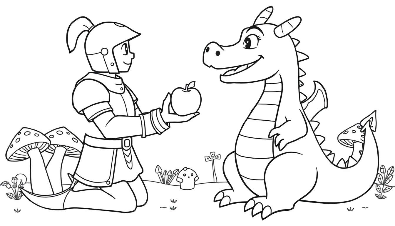 Knight offering an apple to a dragon in a coloring page, part of a color panel.
