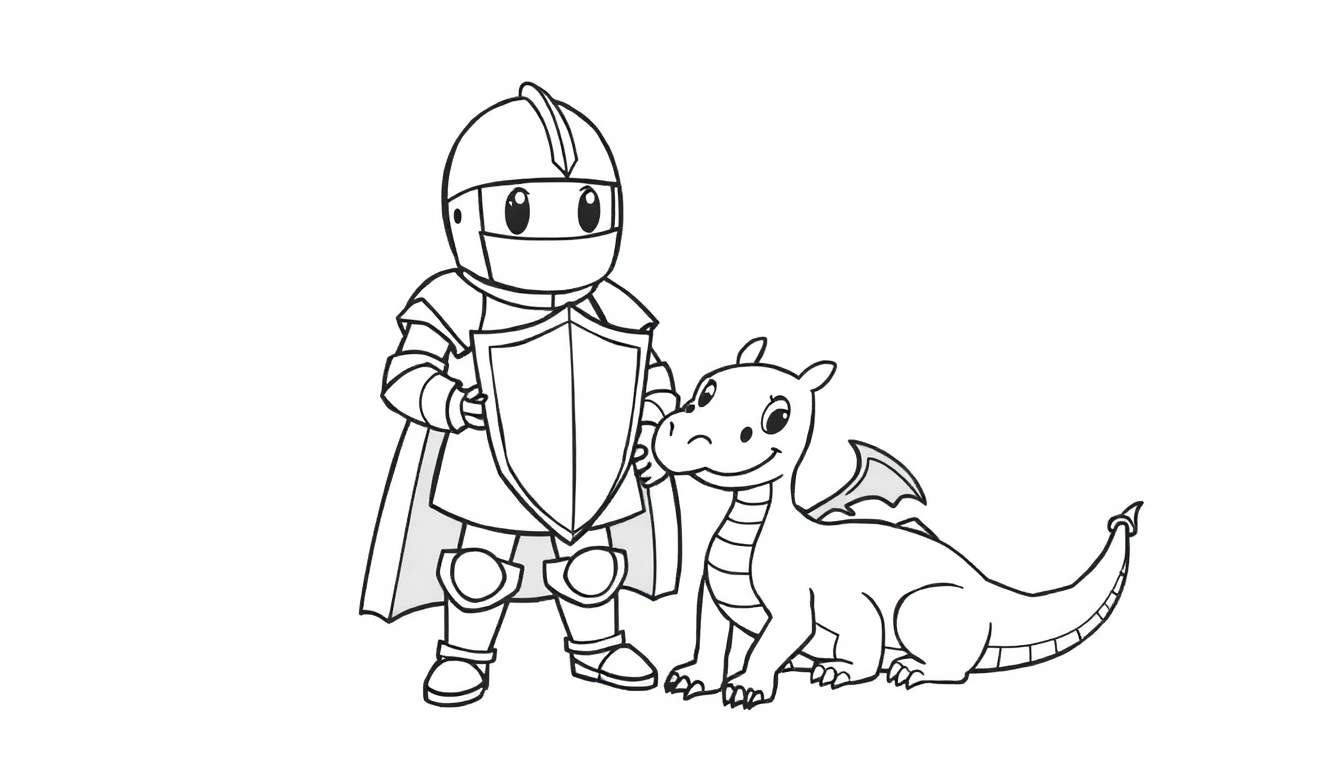 A brave knight holding a shield faces a friendly dragon, depicted as a black and white color panel.