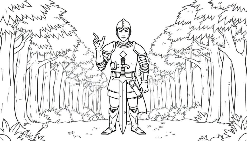 Knight pointing in a forest, a color panel for kids.