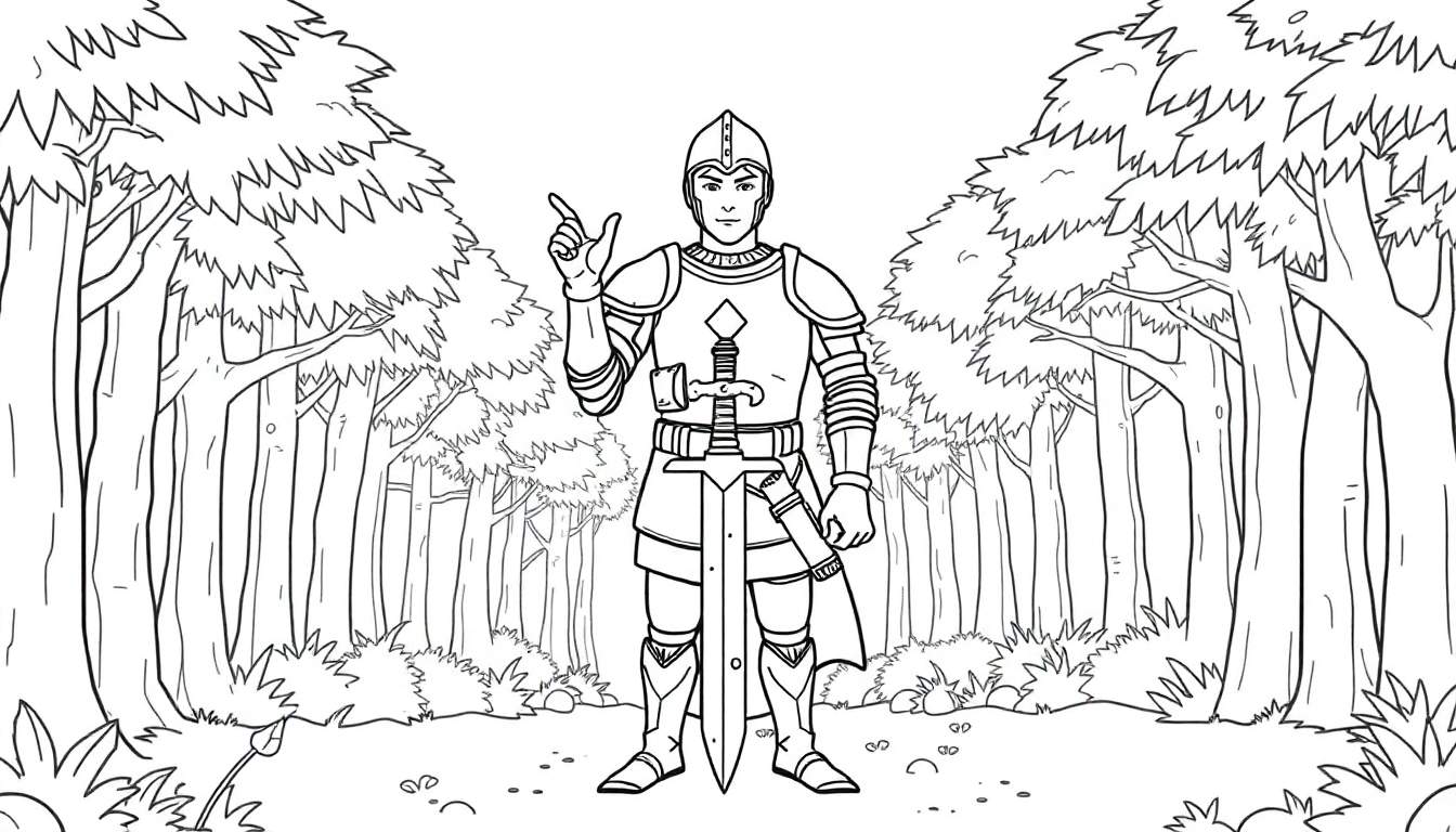 Knight pointing in a forest, a color panel for kids.