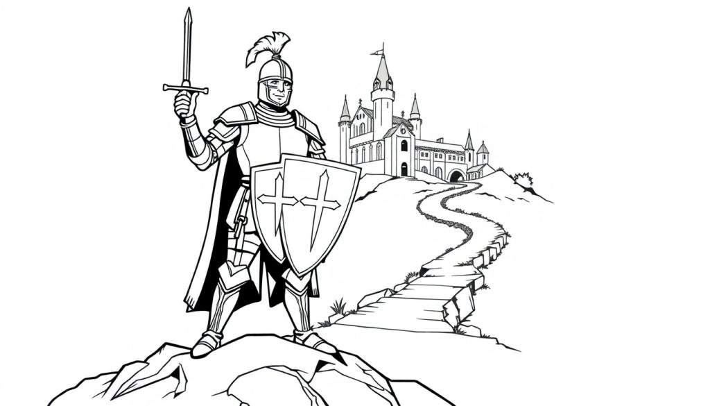 A brave knight ready for adventure, a black and white illustration perfect for a color panel.