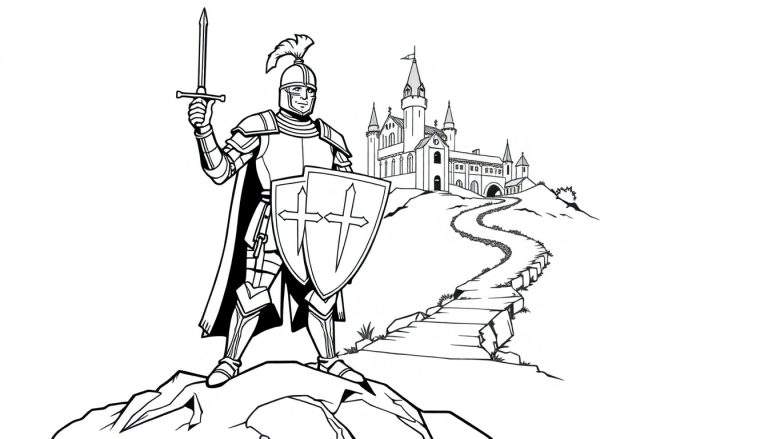 A brave knight ready for adventure, a black and white illustration perfect for a color panel.