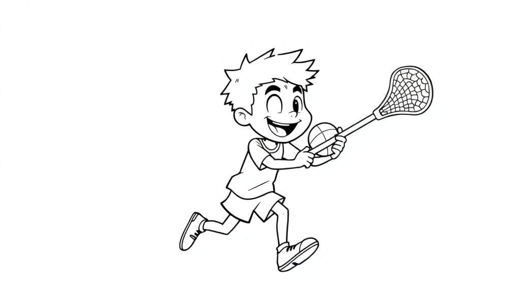 Cartoon boy playing lacrosse, ready to score, with a wink and a smile on this color panel.