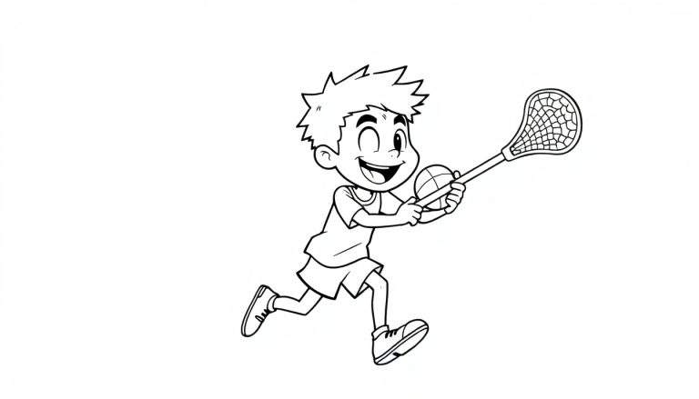 Cartoon boy playing lacrosse, ready to score, with a wink and a smile on this color panel.