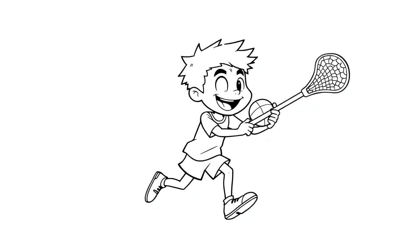 Cartoon boy playing lacrosse, ready to score, with a wink and a smile on this color panel.