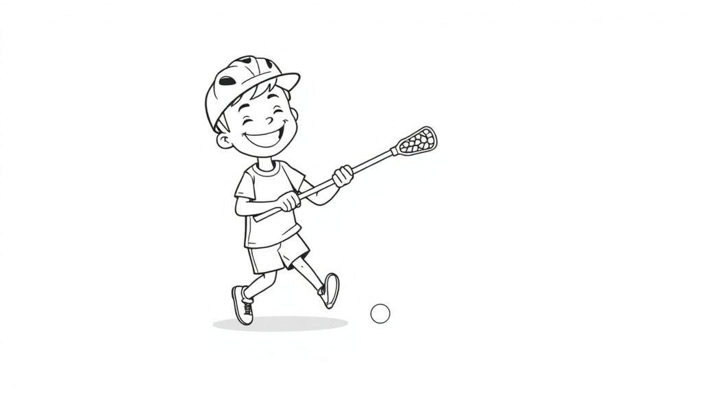 A happy cartoon boy in a black and white color panel, ready to play lacrosse.