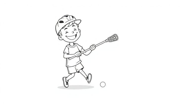 A happy cartoon boy in a black and white color panel, ready to play lacrosse.
