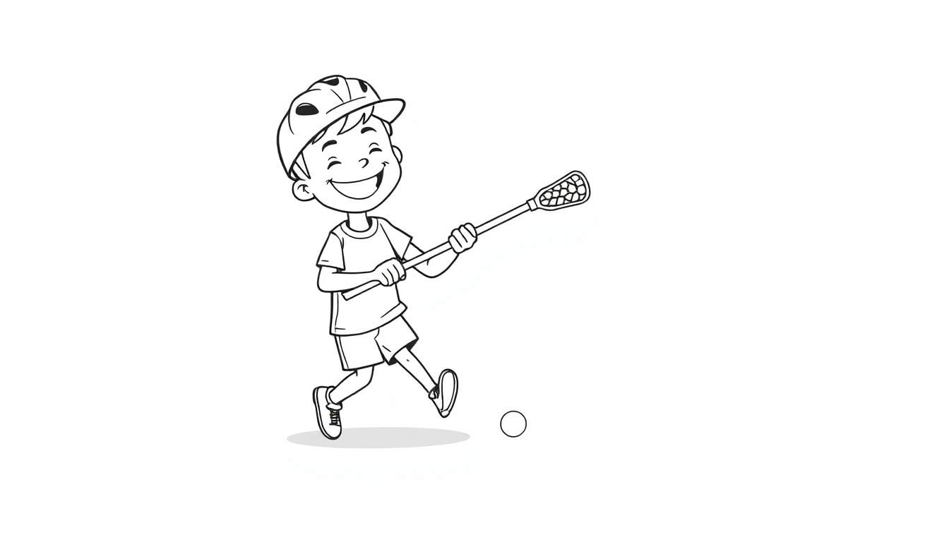 A happy cartoon boy in a black and white color panel, ready to play lacrosse.