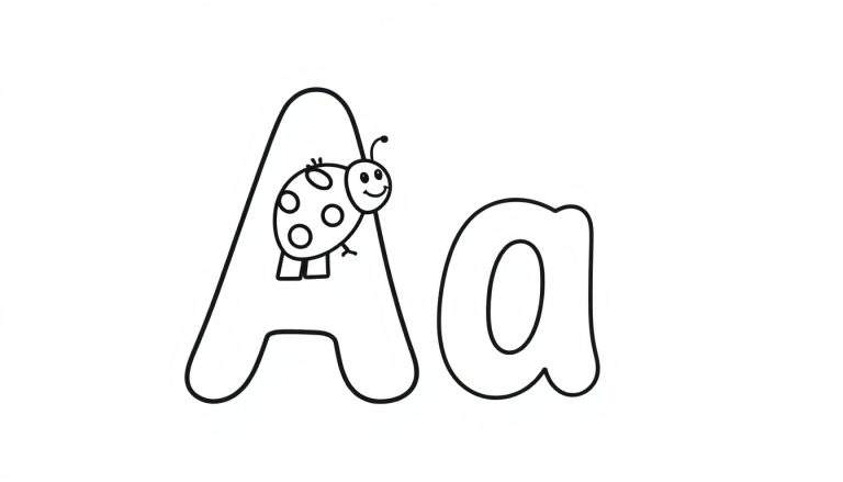 A chunky black and white letter A with a ladybug on it, perfect for a color panel.