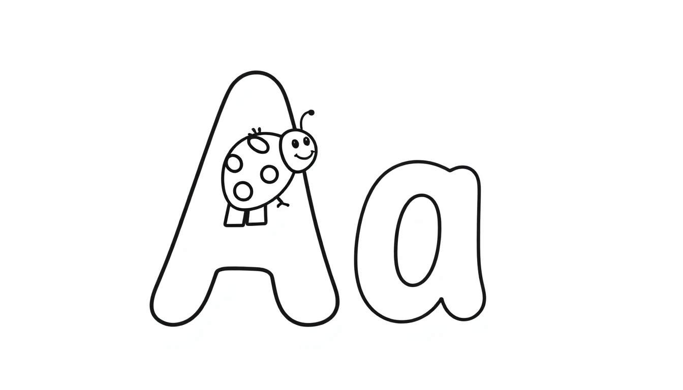 A chunky black and white letter A with a ladybug on it, perfect for a color panel.